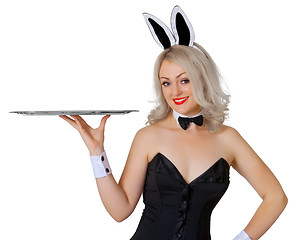 Image showing Girl - waitress in a rabbit costume with tray