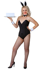 Image showing Sexy girl with rabbit ears and name sign on a tray