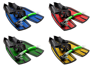 Image showing Set of multicolored mask, snorkel and flippers