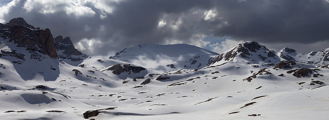 Image showing Panorama of snowy mountains before storm