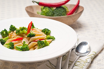 Image showing Italian penne pasta with broccoli and chili pepper