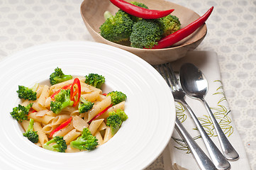 Image showing Italian penne pasta with broccoli and chili pepper