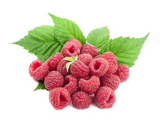 Image showing Ripe raspberry with green leaf