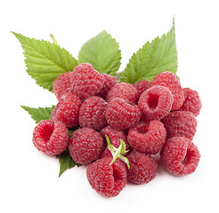 Image showing Ripe raspberry with green leaf