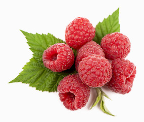 Image showing Ripe raspberry with green leaf