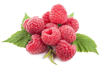 Image showing Ripe raspberry with green leaf