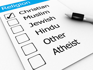 Image showing major world religions - Christian, Muslim, Jewish, Hindu, Atheis