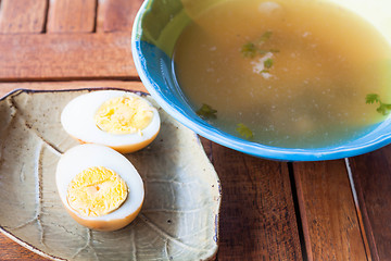 Image showing Mini meal of hot pork soup and boiled egg 