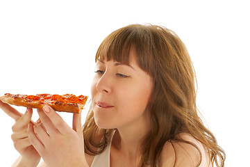 Image showing Young Woman and Pizza