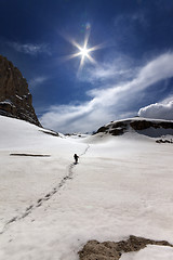 Image showing Hiker in snowy mountains