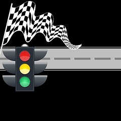 Image showing Traffic light with checkered flag and road