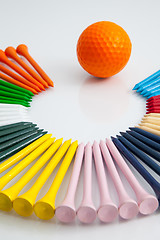 Image showing The colorful wooden golf tees 