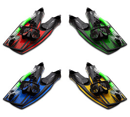 Image showing Set of multicolored mask, snorkel and flippers