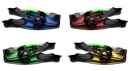 Image showing Set of multicolored mask, snorkel and flippers with water drops