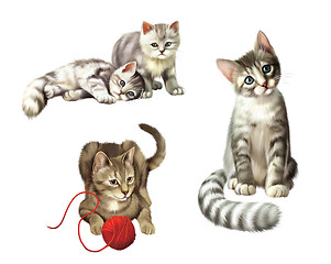 Image showing Playing cats. Kitten with ball. Two cute Small gray tabby Kittens, Isolated Illustration on white background.