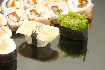 Image showing Japanese seafood sushi , roll set closeup