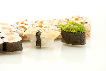 Image showing Japanese seafood sushi , roll set closeup