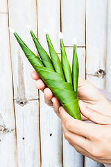 Image showing Hand hold a part of rice offering 