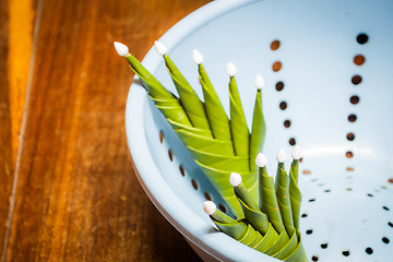 Image showing Close up banana leaf rice offering in the basket 