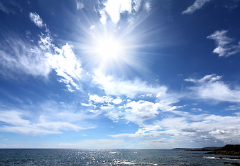 Image showing sea landscape with sun and clouds