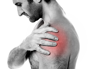 Image showing Closeup of young man having pain in shoulder