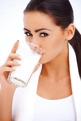 Image showing Woman is drinking milk from a glass