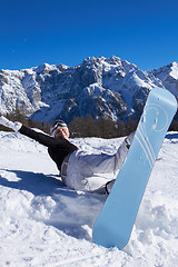 Image showing Female Snowboarder in Dolomites