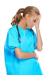 Image showing Doctor holding her head in anguish