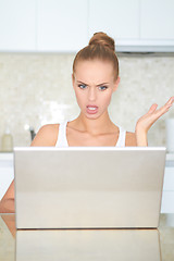 Image showing Woman looking at laptop in horror