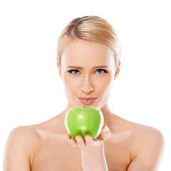 Image showing Adorable and healthy woman holding apple