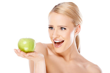 Image showing Happy and healthy woman holding apple