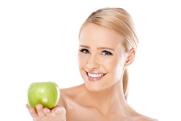 Image showing Adorable and healthy woman holding apple