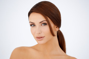 Image showing Sensual brown haired woman with bare shoulders