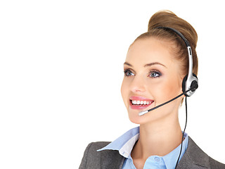 Image showing Pretty female businesswoman talking headset