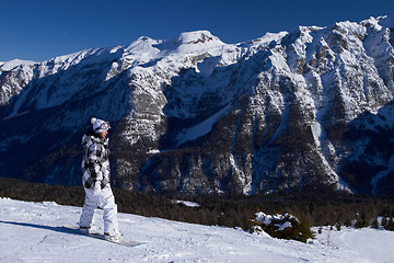 Image showing Female Snowboarder in Dolomites