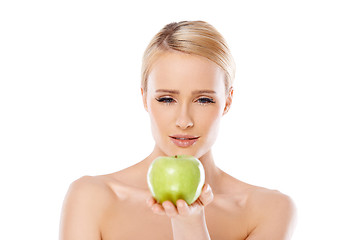 Image showing Happy and healthy woman holding apple