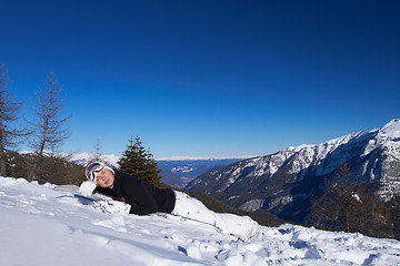 Image showing Female Snowboarder in Dolomites