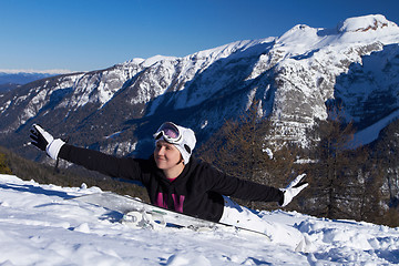 Image showing Female Snowboarder in Dolomites