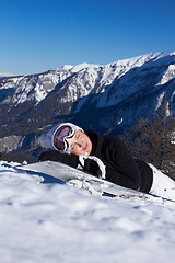 Image showing Female Snowboarder in Dolomites