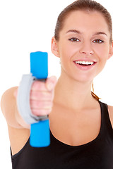 Image showing Portrait of fitness woman working out with free weights