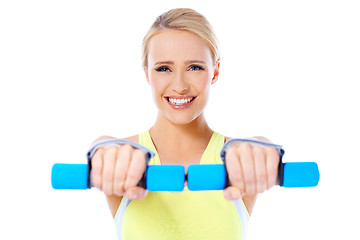 Image showing Close up of fit woman while exercise with dumbbells