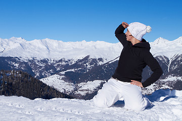 Image showing Female Snowboarder in Dolomites