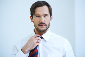 Image showing Bearded young man fiddling with his tie