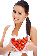 Image showing Woman holding heart shaped box of strawberries