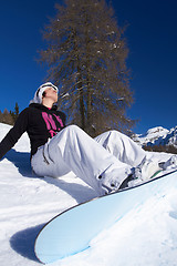 Image showing Female Snowboarder in Dolomites