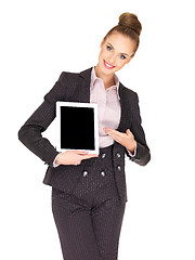Image showing Young business woman showing tablet screen