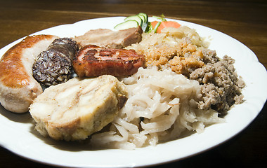 Image showing typical food Slovenia black pudding fried sausage dried pork cho