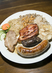 Image showing typical food Slovenia black pudding fried sausage dried pork cho