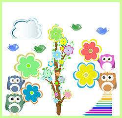 Image showing Owls and birds, trees and flowers