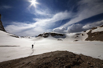 Image showing Hiker on snow plateau